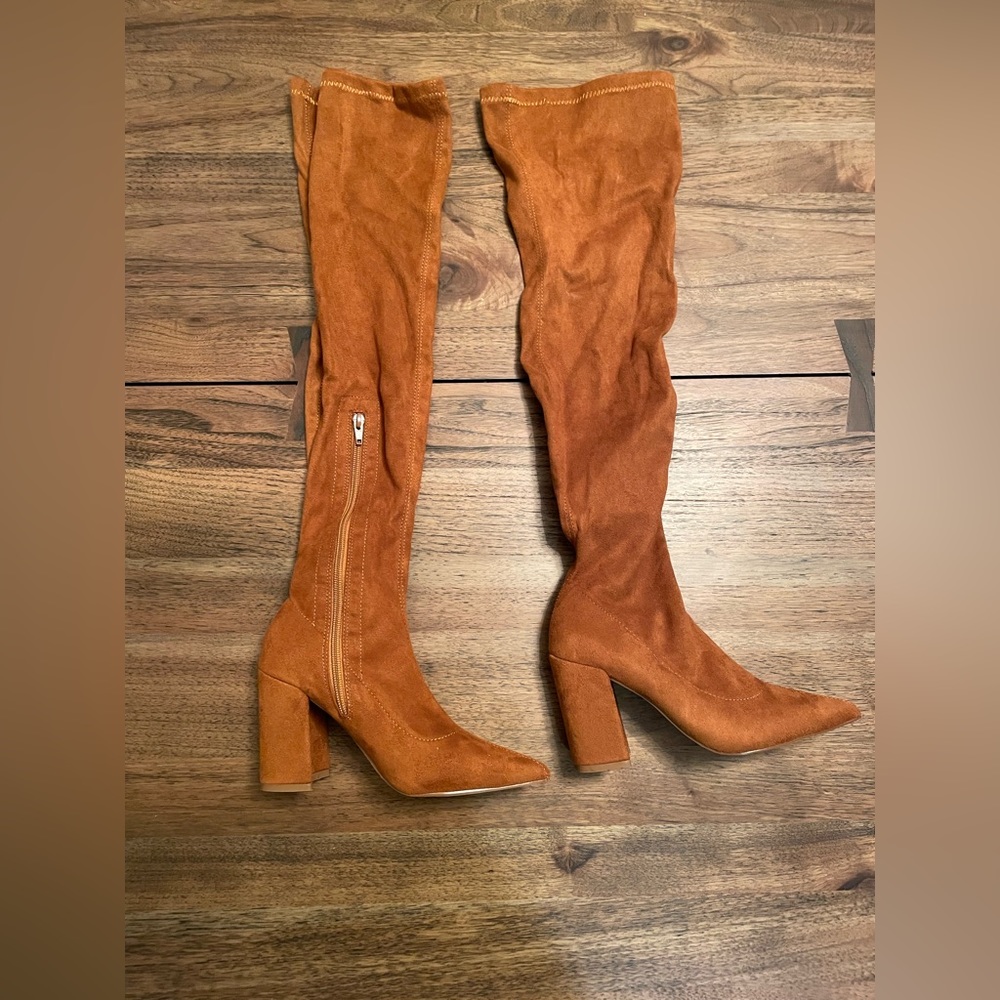 Miss Lola auburn brown over the knee boots